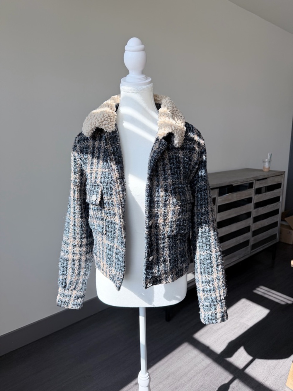 Sweet Rain Plaid Teddy-Trim Jacket in Black and Cream